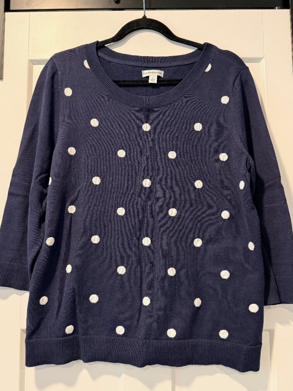 Croft & Barrow Navy Blue w/ White Polka Dots Sweater w/ 3/4-Length Sleeves